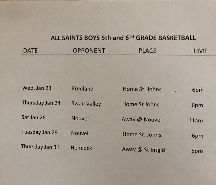 Boys 5/6 Basketball Schedule-